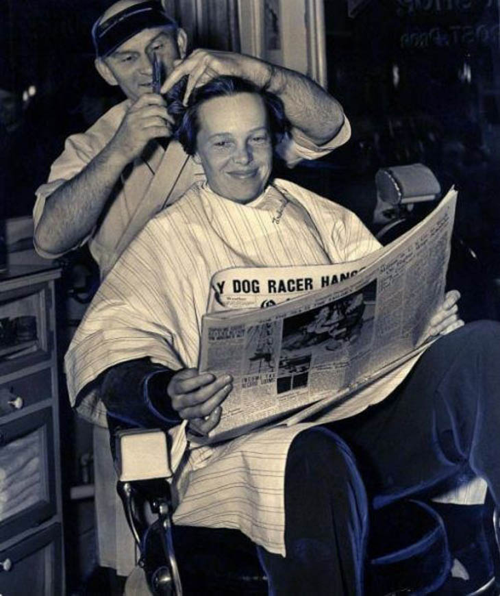 Amelia Earhart getting her last haircut - 1937