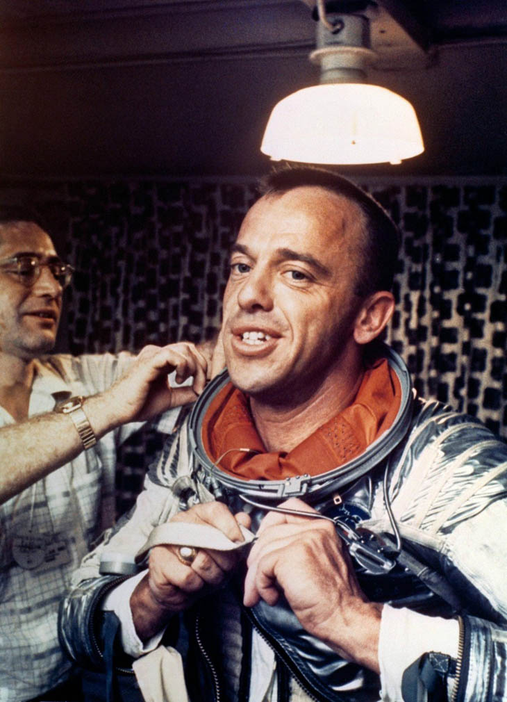 Alan Shepard, America's first man in space, puts on his Navy Mark IV spacesuit.