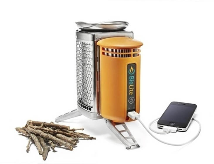 Biolite camping stove uses the heat from burning wood to generate usable electricity via USB.