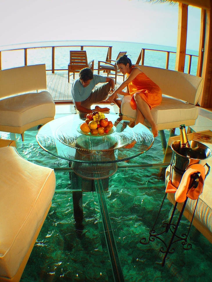 The above-water glass floor cottage in the Maldives