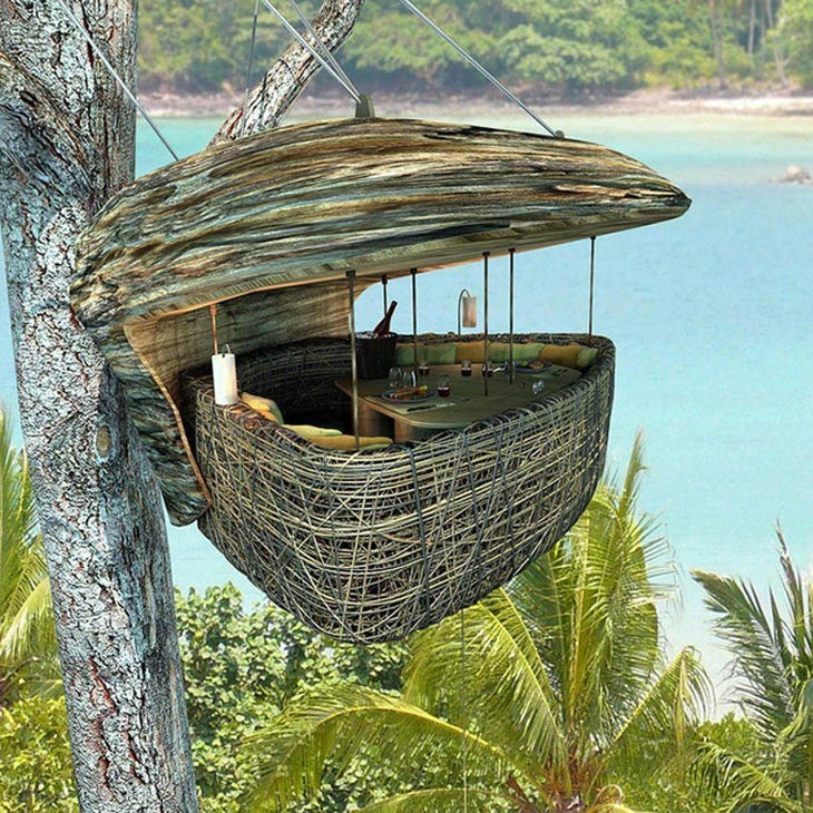 Hanging dining pod in Soneva Kiri, Thailand.