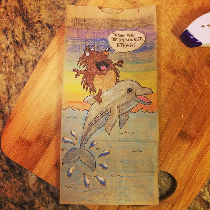 Lunch Bags Art - Porcupine riding a dolphin