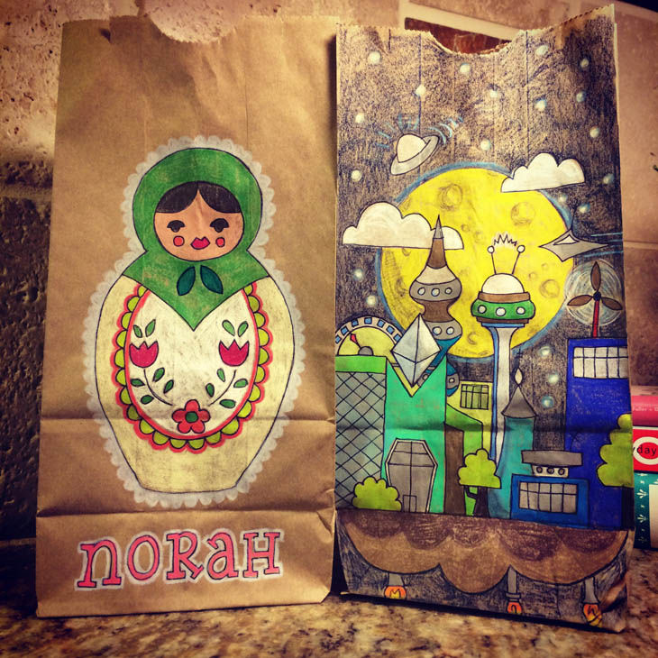 Lunch Bags Art - Matryoshka doll and future city