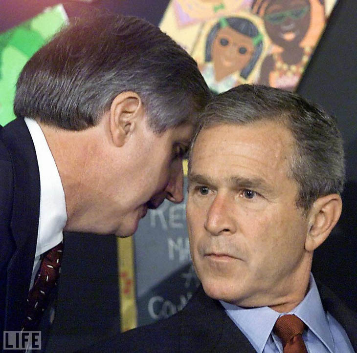 21st century photos - President Bush's reaction to news of a second plane striking the Twin Towers. He was reading to children at a Florida elementary school. [2001]