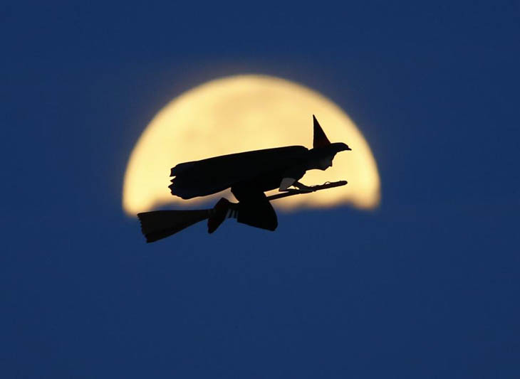 A radio-controlled flying witch makes a test flight past a moon setting into clouds along the pacific ocean in Carlsbad, California.