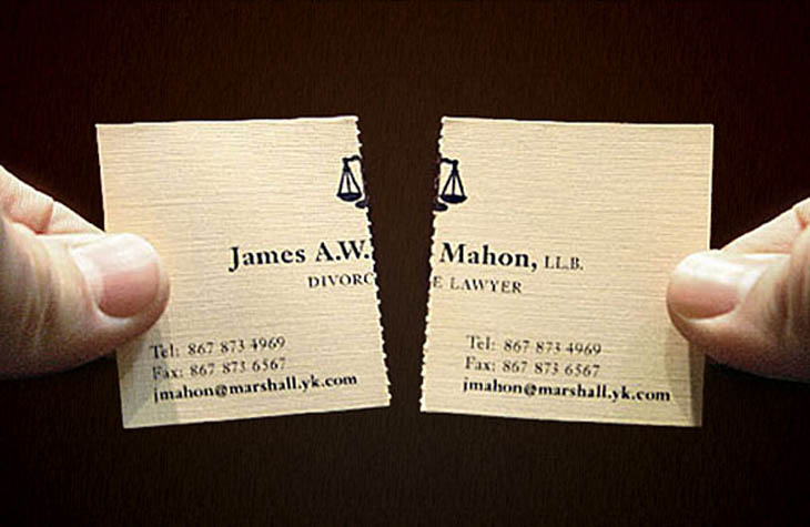 A perforated divorce attorney business card. It’s actually 2 cards in one.