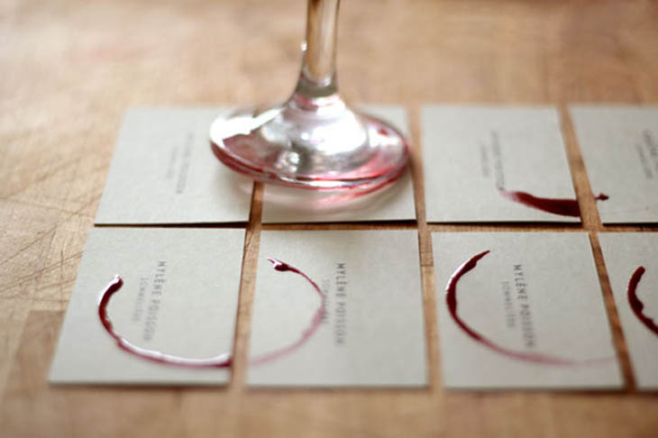 Sommelière wineglass business cards. Stained with red wine, every card is unique.