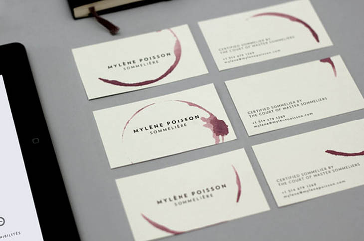 Sommelière wineglass business cards. Stained with red wine, every card is unique.