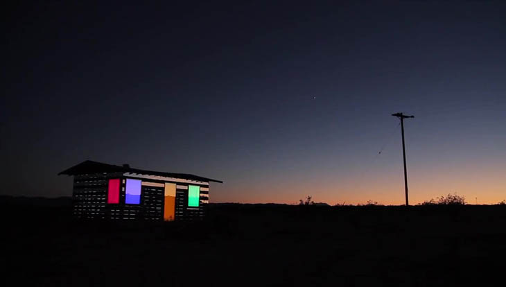 At night, the LED windows come alive, slowly rolling through the color wheel. 