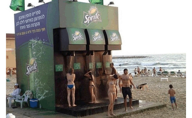 A creative Sprite shower on the beach.