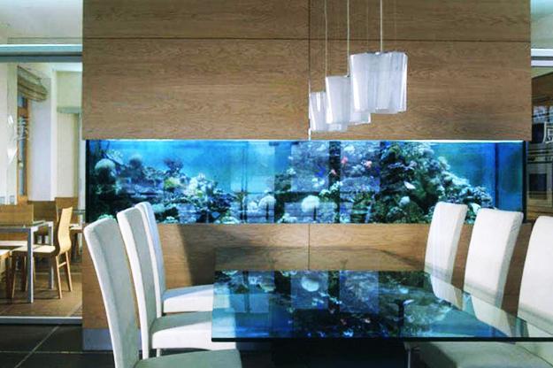 Dining room with built-in wall glass fish Aquarium