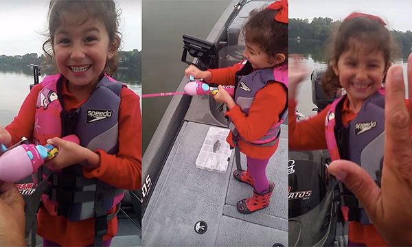 Watch A Little Girl Catching a Big Fish With Barbie Fishing Rod.