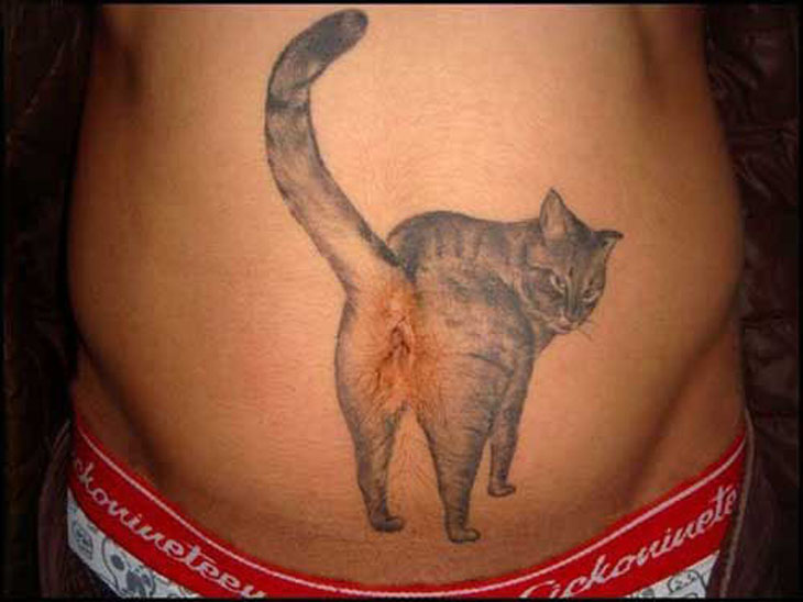 An interesting angle on the classic cat tattoo.