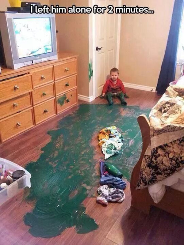 The baby who got way too into this green paint situation.