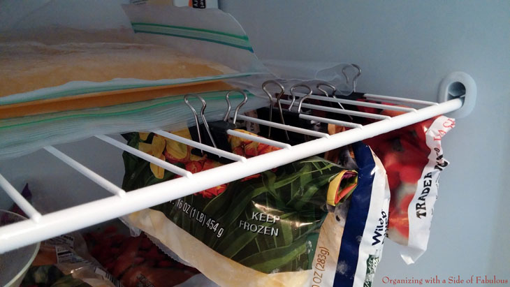 Use binder clips to hang veggies in the freezer. No more avalanches.