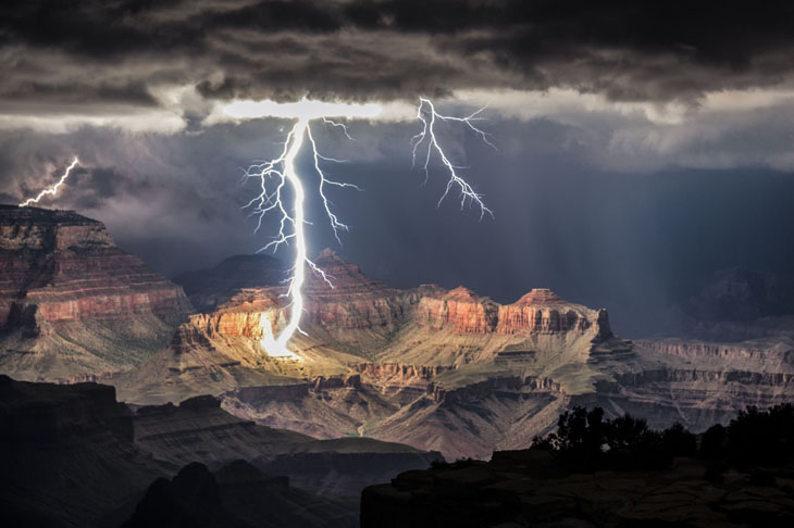 The grand canyon lit only by lightning