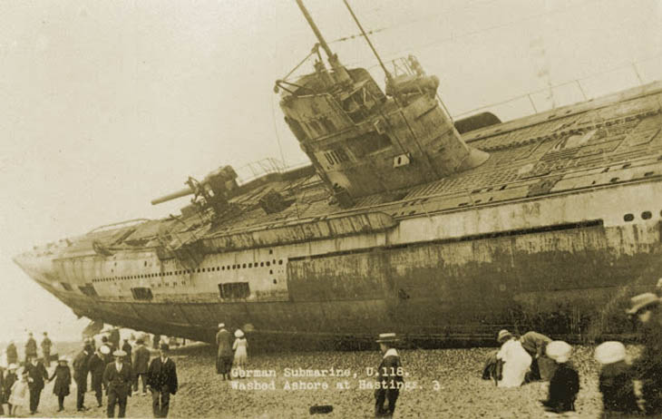 U-118, a World War One submarine washed ashore on the beach at Hastings, Sussex, England
