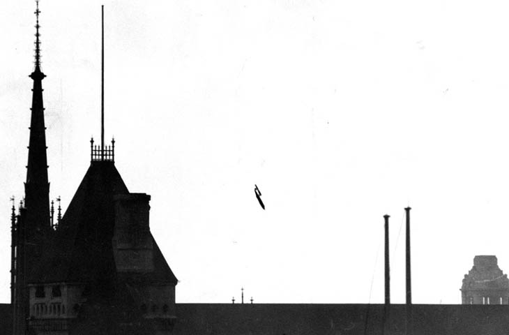 A V-1 flying bomb “buzzbomb” plunging toward central London, 1945